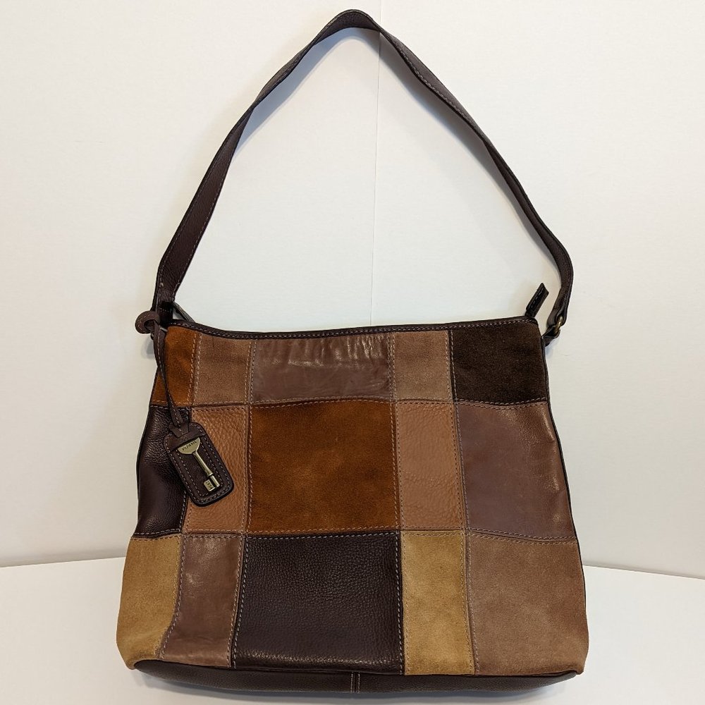 FOSSIL "Shades of Brown" Leather & Suede Patchwork Shoulder Satchel/Tote Bag